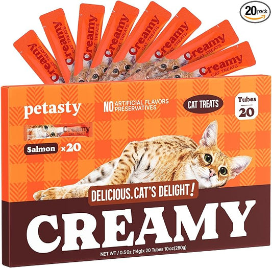 Lickable Cat Treats, High Moisture Hydrating Creamy Puree Squeeze Tubes, Slamon Flavor, 20 Tubes 0.5oz, Grain-Free, Omega Oils & Vitamin E, Skin & Coat Health, Digestive and Immune Support