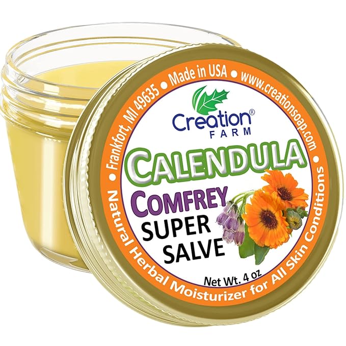 Calendula Comfrey Super Salve by Creation Farm, Herbal Balm, Moisturizer, and Ointment with No Gluten, Soy, GMO or Parabens, Made in USA Comforts many issues.