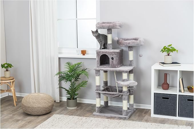 Trixie 56.3" Eduardo Cat Tree, 4-Level Indoor Cat Furniture with Jute Scratching Posts, Plush Condo, Hammock & Platforms, Play Rope and Dangling Ball