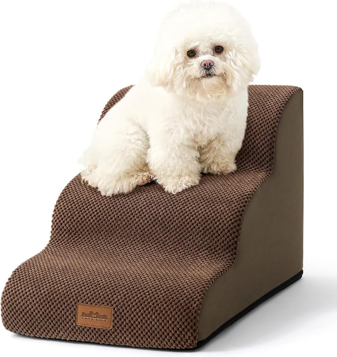 COZY KISS Wide Dog Stairs for Small Dog 15.7" H, Pet Step for Puppy, Older Cat, Curved Ramp for Couch, Durable Anti-Slip Ladder with High Density Foam, 3 Step, 17.7x22.4x15.7 inch, Brown