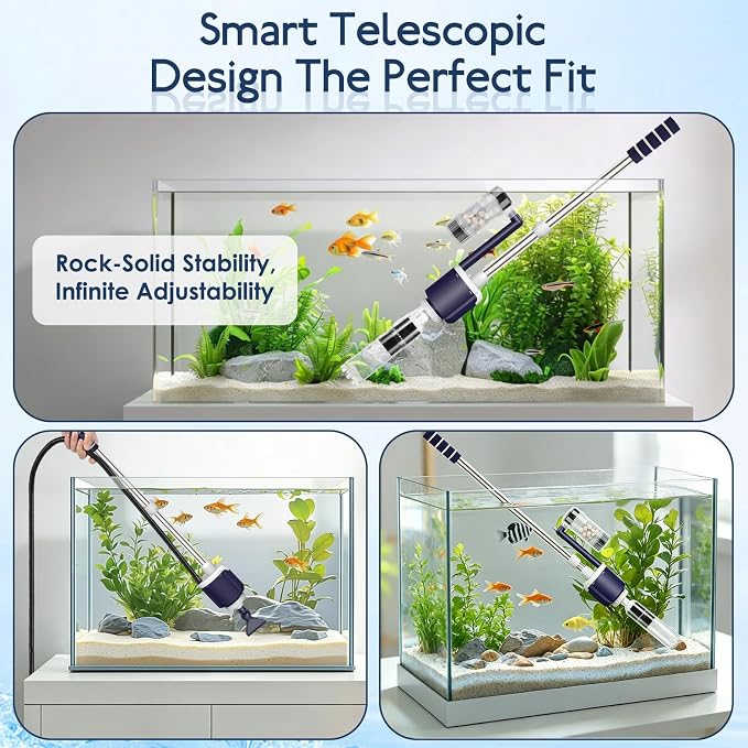 AQQA 600GPH Electric Aquarium Gravel Cleaner, 6-in-1 Automatic Fish Tank Vacuum Cleaner & Water Changer with Stainless Steel Handle & 3-Stage Filter Cup for Turtle Tanks, Adjustable Flow 34W