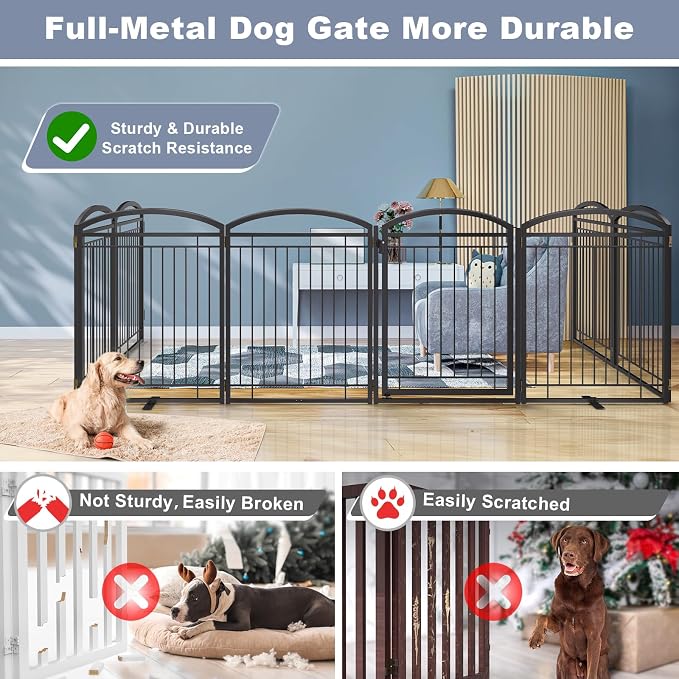 Full Metal Free Standing Dog Gate with Door for Indoor Outdoor, 192'' Extra Wide 36'' Tall Dog Gate for Doorways,Large Openings,Decks,Pet Puppy Freestanding Safety Fence(8 Panels,Black)