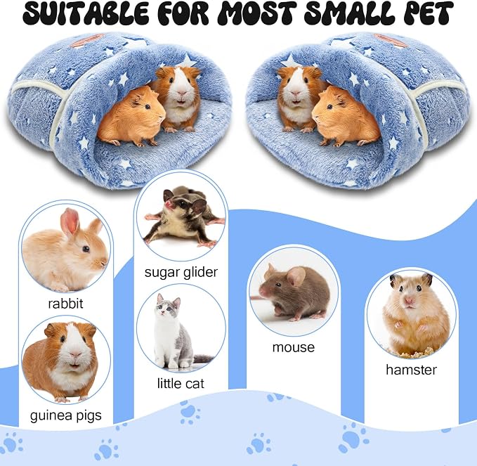 Wenqik 2 Pcs Guinea Pig Hideout Bed Cuddle Warm Guinea Pig Fleece Hideout Cozy Glow in The Dark Blue Star Cuddle Sack Sleeping Cushion Cage Nest for Pet Squirrel Chinchilla Rabbit Hedgehog Accessories