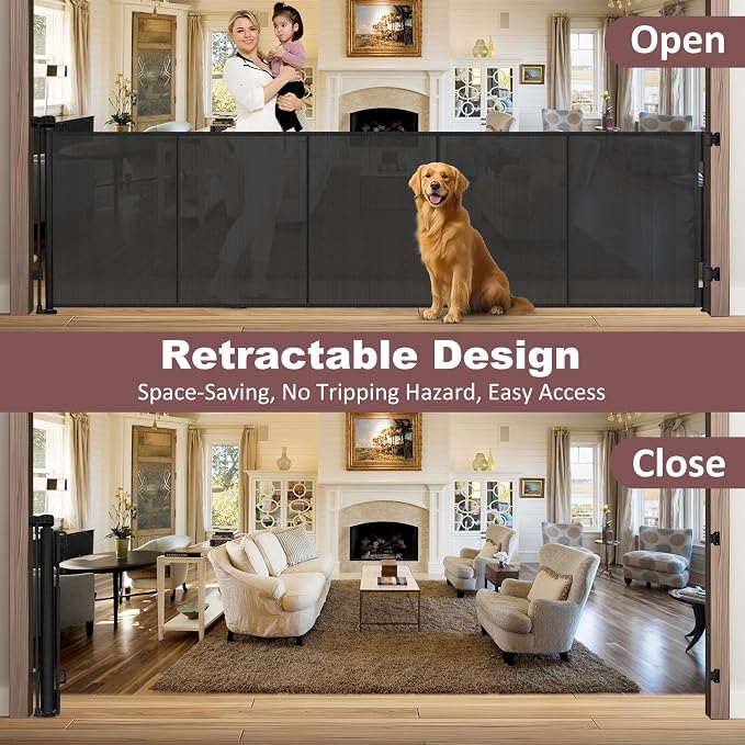 Reinforced 41" Tall × 120" Extra Wide Retractable Baby Gate with Support Rods, Indoor Extra Long Baby Gate Retractable Dog Gate Outdoor Retractable Gate Extra Tall Pet Gate for Large Openings, Black