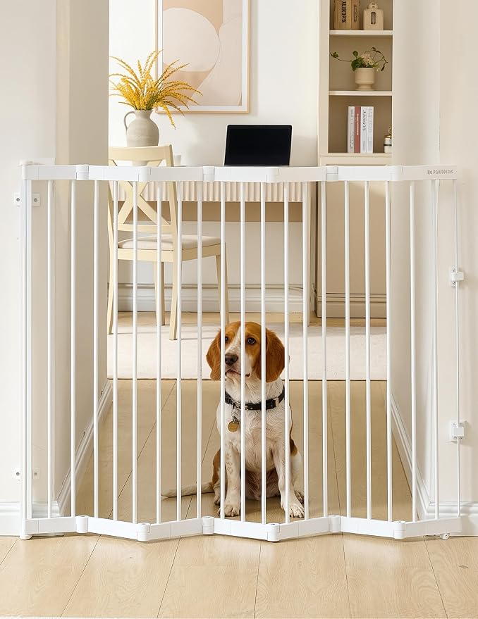 No Pawblems Retractable Safty Gate, Metal Adjustable Dog Gate for Doorways, Stairs & Hallways, Expands to 45" Wide, 36" Tall Gate, Auto Retract Design, No Bottom Bar, White