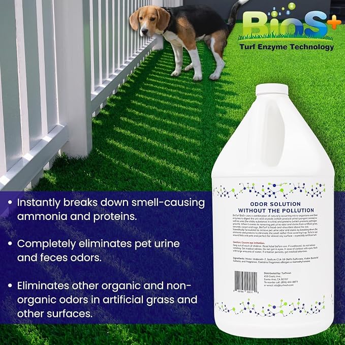 BioTurf BioS+ Turf Cleaner for Pet Urine Outdoor – Artificial Turf Cleaner Deodorizer Concentrate – Fake Grass & Yard Deodorizer for Dog Urine & Feces – Enzyme Kennel Odor Eliminator 1 Gallon
