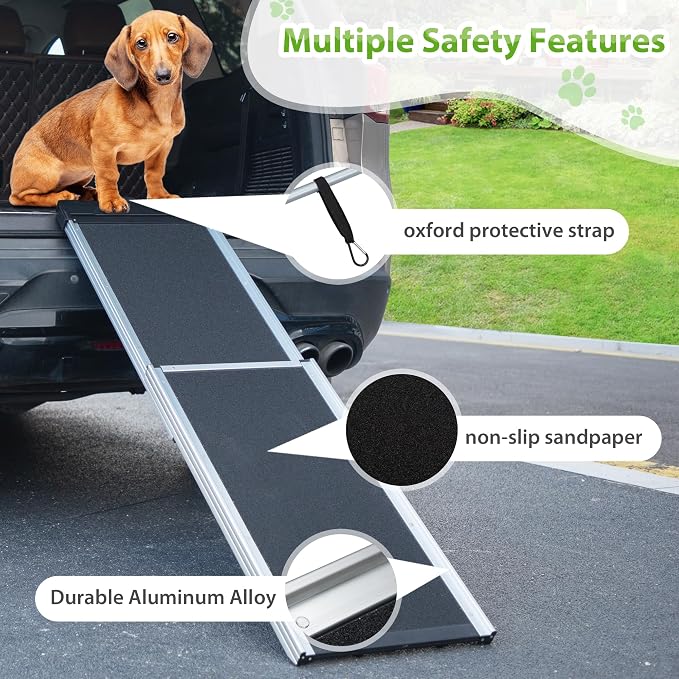 COZIWOW Aluminum Pet Ramp Ladder,Portable Dog Car Step Ramp with 2-Fold Design and Handle, Non-Slip Surface, Oxford Strap,Pet Stairs for Vehicles,SUV,Truck, High Bed,Black