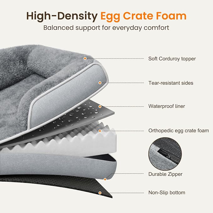TRAHOME Orthopedic Dog Bed for Extra Large Dogs, 45 x 30 Inch Waterproof Egg Crate Foam XL Dog Couch Bed with Sides, Washable Removable Cover, Non Slip Bottom, Light Grey