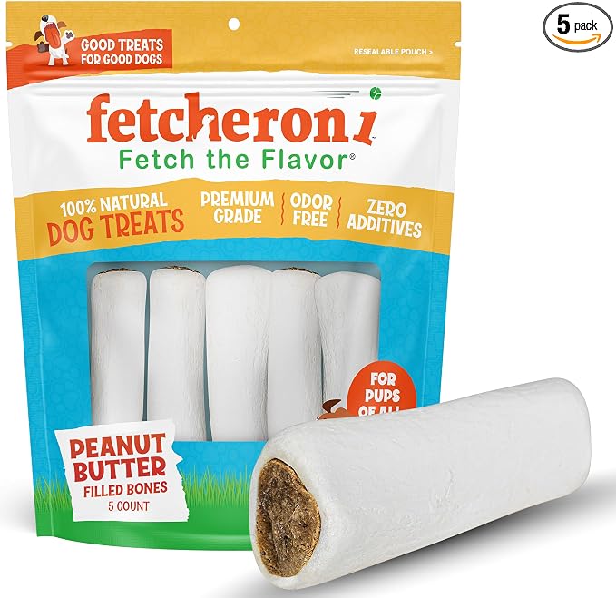 Dog Treats - Stuffed Shin Bones, Dental Chews for Dogs, Long Lasting Dog Bones, High Protein Chews with Peanut Butter Flavor for Small, Medium and Large Dogs, Natural - 6.4 oz (Pack of 5)