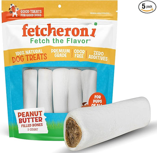 Dog Treats - Stuffed Shin Bones, Dental Chews for Dogs, Long Lasting Dog Bones, High Protein Chews with Peanut Butter Flavor for Small, Medium and Large Dogs, Natural - 6.4 oz (Pack of 5)