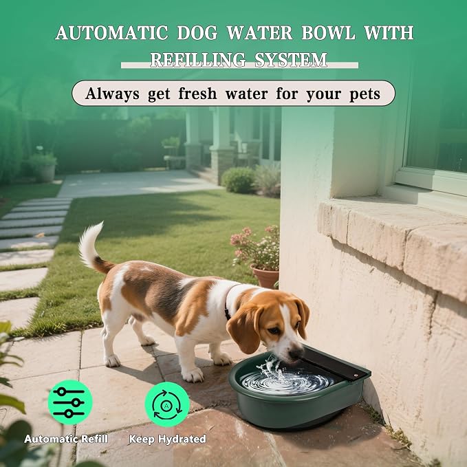 Automatic Dog Water Dispenser with Drain Valve, 1 Gallon Outdoor Auto Water Dog Bowl with Float Valve, Automatic Chicken Waterer with Hose Quick Connector, for Horse, Poultry (Green)