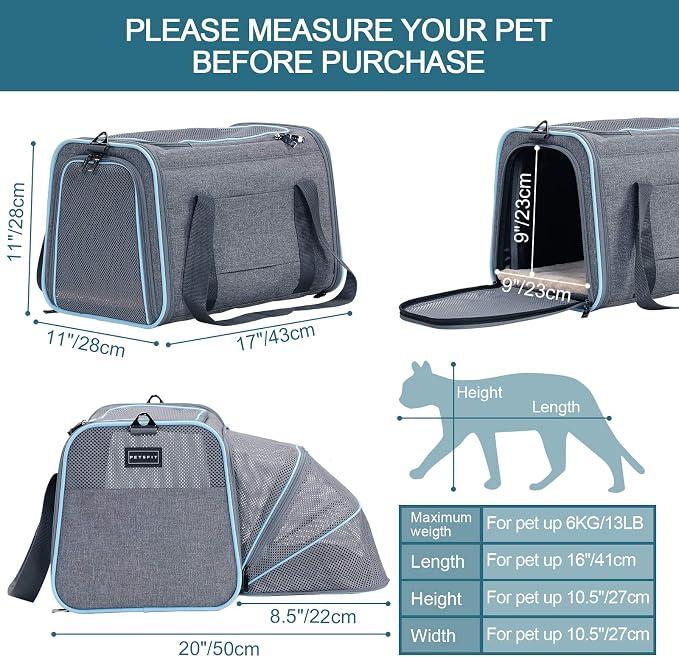 Petsfit Expandable Cat Carrier Dog Carriers,Airline Approved Soft-Sided Portable Pet Travel Washable Carrier for Kittens,Puppies,Removable Soft Plush mat and Pockets,Locking Safety Zippers