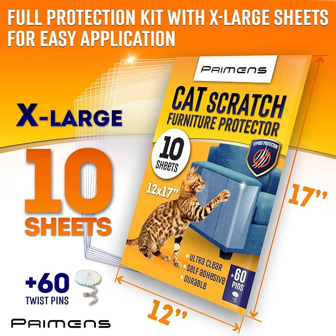 Heavy Duty Cat Scratch Deterrent Furniture Protectors for Sofa, Doors, Clear Couch Protectors from Cats Scratching, Anti Cat Scratch Tape Guards (Transparent, 10 Sheets 17x12)