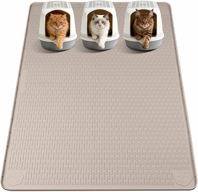 Cat Litter Mat, XXL Extra Large 70" x 45" Silicone Mat Litter Trapping Mat for Scatter Control, Soft on Kitty Paws, Easy to Clean (Khaki)