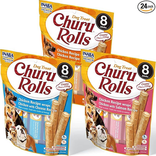 INABA Churu Rolls for Dogs, Grain-Free, Soft/Chewy Baked Chicken Wrapped Churu Filled Dog Treats, 0.42 Ounces Each Stick| 24 Stick Treats Total, 3 Flavor Variety Pack (24 Sticks)