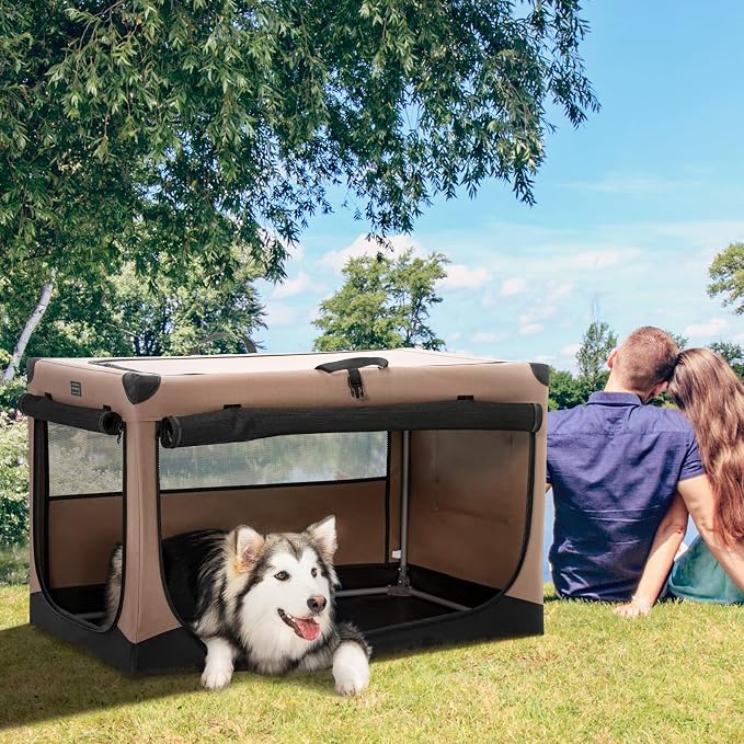 PETSFIT 40" Soft Portable Dog Crate – Patented Spiral Sturdy Frame, Collapsible Travel Kennel for Large Dogs, 3 Mesh Door, Lockable Zippers, Indoor & Car Use Khaki