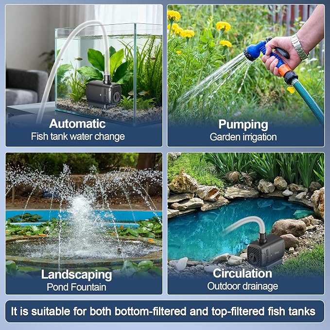 hygger 2-in-11850GPH Submersible Pump 135W, Side and Bottom Suction Fountain Water Pump with 16.4ft High Lift,Water Change with 4 Interchangeable Nozzles for Aquarium, Fish Tank, Hydroponics,Pond