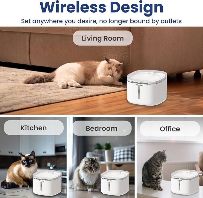 PawsPik NOVA-01 Wireless Cat Water Fountain, Rechargeable Cordless Cat Drinking Fountain with Water-Power Separation, Motion Sensor & Continuous Flow, Filtered Automatic Cat Water Dispenser, White