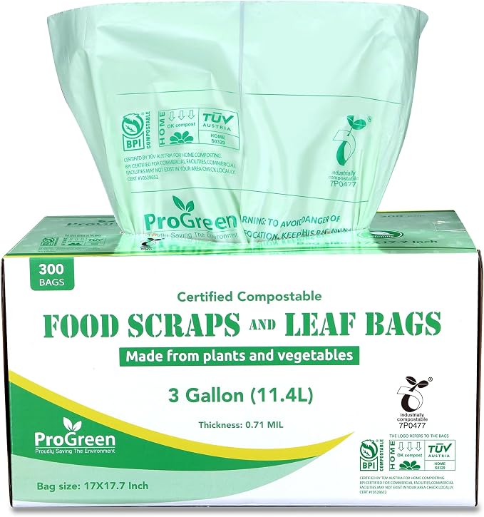 Compostable Bags 3 Gallon, Extra Thick 0.71 Mil, 300 Count, Small Kitchen Trash Bags, Food Scraps Yard Waste Bags, ASTM D6400 BPI And TÜV AUSTRIA Certified (300)