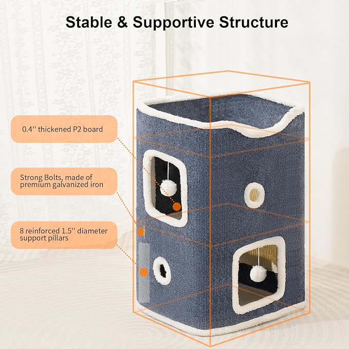 Cat House, Cat Beds for Indoor Cats, 2-Story Cat Condo Cube with Scratch Pad and Fluffy Ball Hanging, Multi-Level Cozy Hideout Center Ideal for Small/Medium Cats