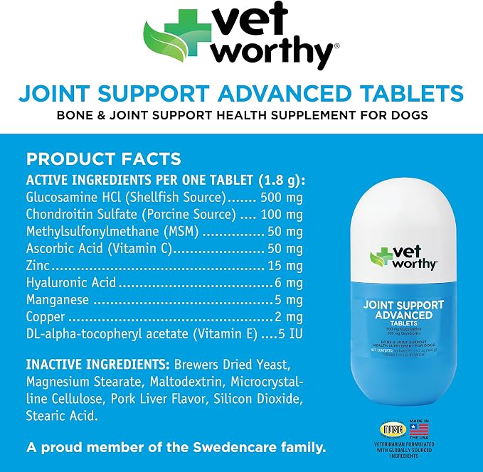 Vet Worthy Advanced Dog Joint and Hip Supplement - Glucosamine Chondroitin for Dogs with MSM - Support Mildly Stiff Joints for Better Mobility and Flexibility - Liver-Flavored Tablets (90 ct)