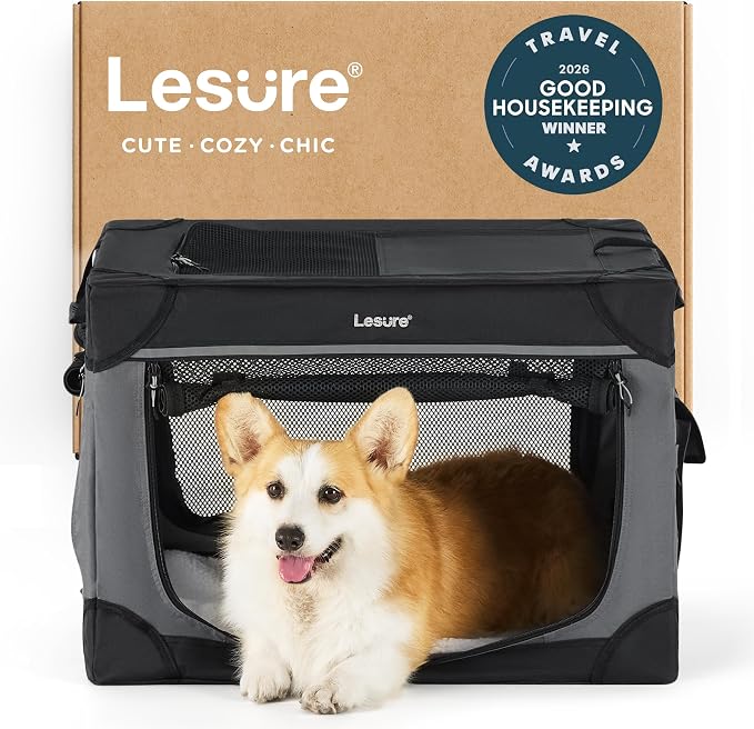 Lesure Shown on TODAY Show Soft Collapsible Dog Crate - 26 Inch Portable Travel Crate for Small Dogs Indoor & Outdoor, 4-Door Foldable Pet Kennel with Mesh Windows, Black