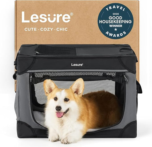 Lesure Shown on TODAY Show Soft Collapsible Dog Crate - 26 Inch Portable Travel Crate for Small Dogs Indoor & Outdoor, 4-Door Foldable Pet Kennel with Mesh Windows, Black