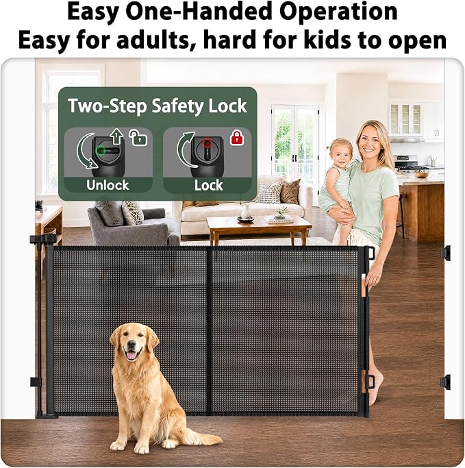 KISKIZ 59 Inch Wide Retractable Baby Gates, Reinforced Retractable Gate with Support Rods to Prevent Crawling Through, 5 FT Retractable Dog Gate for Stairs, Doorways, Hallways, Indoor/Outdoor, Black