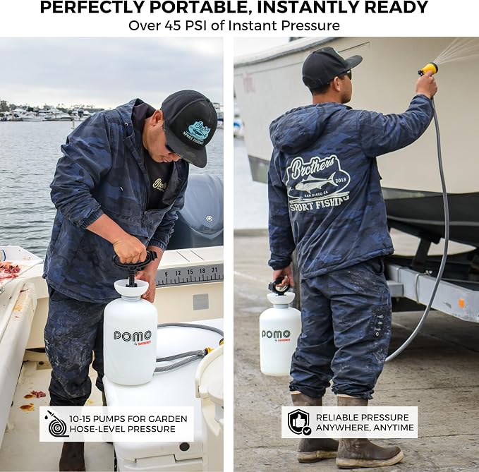 Pomo High Pressure 5L Portable Shower, Outdoor Shower, Camping Shower, Surf Rinse Kit, Beach Shower, Dog Wash, Boat Rinse, Car Shower, 1.5 Gallon Multi-use Sprayer, Hand Pump 45 PSI - No Power Needed!