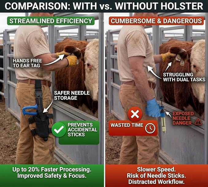 Heavy Duty Holster for Livestock Syringe Belt Mounted Carrier with Leg Strap Hands Free Holder Compatible with 50mL Repeater Injectors Safety Needle Guard for Farm & Ranch Use, Black