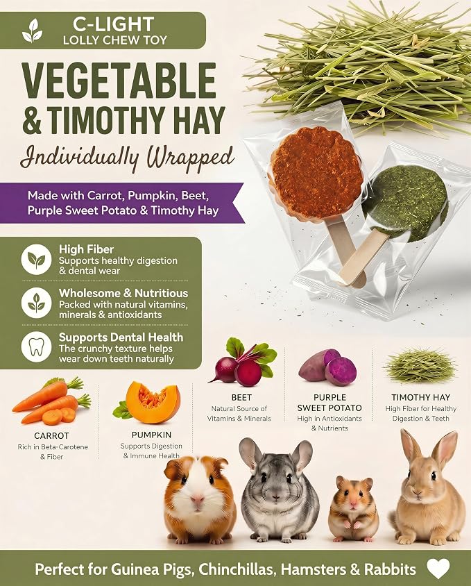 C-LIGHT Rabbit Chew Toys, 30 Pack Individually Wrapped, 5 Pure Veggies Flavors + Timothy Hay, Teeth Grind & Digestion, Cage Enrichment Toy for Hamsters,Guinea Pig, Chinchilla