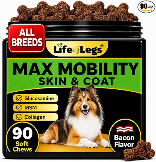 Hip and Joint Chews for Dogs Plus Skin and Coat Supplement - Dog Joint Pain Relief Treats - Glucosamine, Chondroitin, MSM, Hemp Oil, Turmeric, Omega 3 for Dogs, Mobility Bites Dog Health