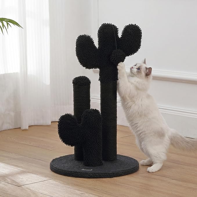 Marfa 21.5" Modern Triple Cactus Cat Scratching Post with Fuzzy Toy, Natural Jute Rope Scratcher with Weighted Non-Slip Base, Black CTR1008B