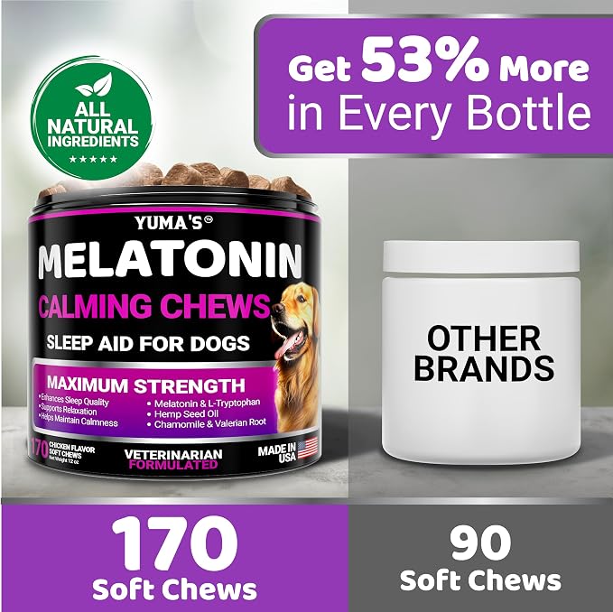 Melatonin for Dogs - 170 Melatonin Chews for Small and Large Dogs - Puppy Sleep Aid - Natural Calming Treats for Stress Anxiety Relief - Canine Sleeping Pills - Thunder, Fireworks, Chewing, Barking