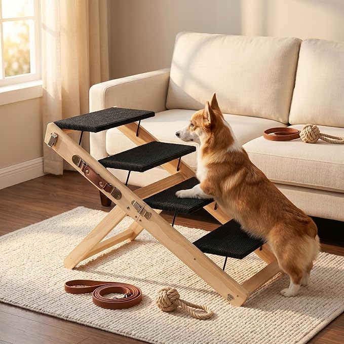 Wooden Dog Ramp for Bed and Couch, 4 Adjustable Heights Folding Pet Ramp with High Traction Fabric Surface, Portable Solid Pine Wood Dog Steps for Couch, Max 25KG (X Trumpet)