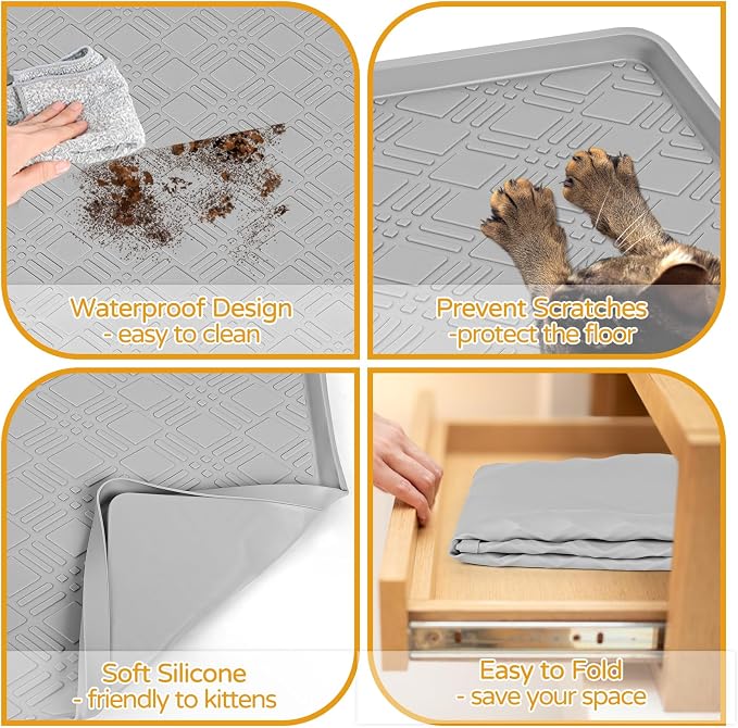 Cat Food Mat, 42" x 29" Large Silicone Mat Cat Feeding Mat with Raised Edge Non-Slip Pet Feeding Mat for Food and Water Bowl, Easy to Clean, Floor Protection (Light Gray)