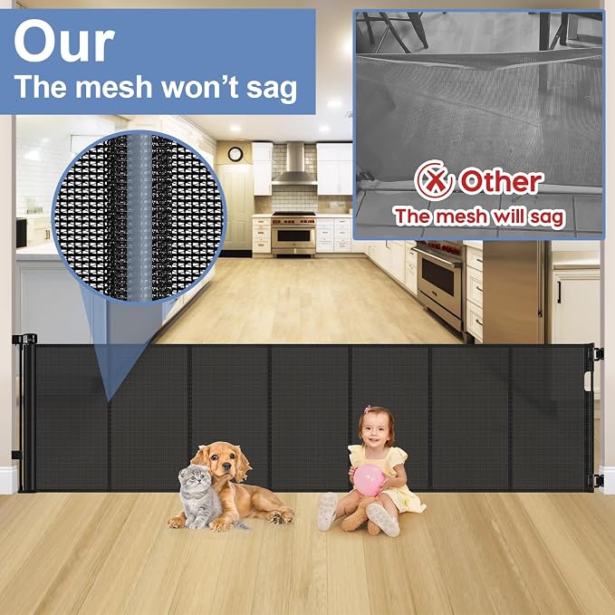 Reinforced 200 Inch Extra Wide Baby Gate Retractable Dog Gate 16.7ft Outdoor pet Gates for Wide Openings 37 Inch Tall No Sag Mesh Retractable Baby Gates for Doorways with Reinforced Strips, Black