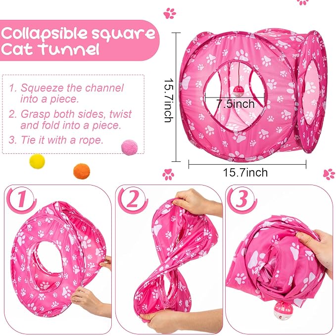 Leitee 40 Pcs Cat Toys Kitten Toys Assortments, Variety Toy Set Including 3 Pink Cat Paws Way Tunnel, Cats Feather Teaser, Fuzzy Mice, Crinkly Ball, Springs, Colorful Balls and Bells for Indoor Pet