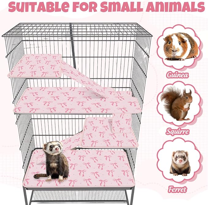 JarThenaAMCS 7 Pcs Bow Ferret Cage Liner Set Ferret Critter Nation Cage Accessories Kit Pink Bowknot Washable Double Unit Set Pee Pads for Hamster Chinchilla Small Animal Accessory