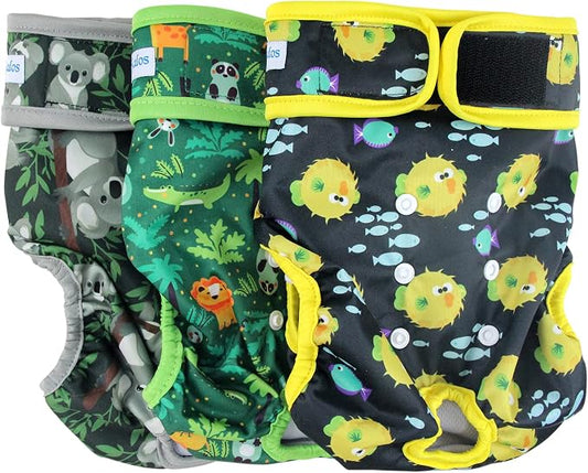 Leekalos Reusable Washable Dog Diapers Female (3 Pack) - Highly Absorbent Doggie Diapers - Size Adjustable Puppy Diapers for Dog Period Panties (XX-Large, Globefish)