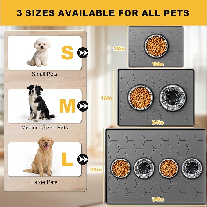 Pieviev 24''x16'' Dog Cat Food Bowl Mat, Silicone Waterproof Food Grade Pet Food Mat for Floor, High Raised Edge to Prevent Spills, Non-Slip & Easy Clean Pet Placemat for Dog & Cat Bowls, Dark Gray