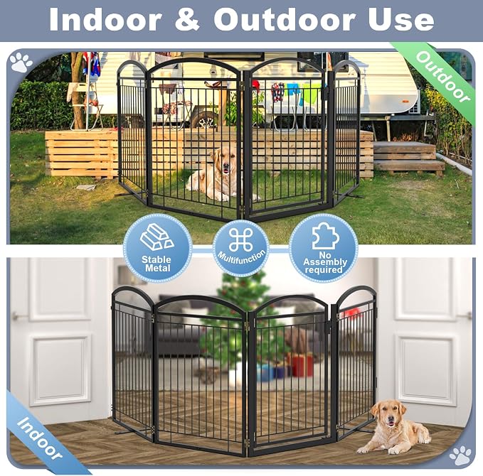 Full Metal Free Standing Dog Gate with Door for Outdoor Indoor,96'' Extra Wide 36'' Tall Dog Gates for Doorways,Large Openings,Decks,Porch,Freestanding Portable Pet Fence(4 Panels,Black)