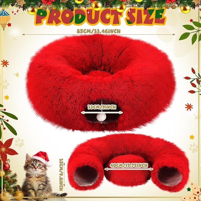 Thyle Christmas Cat Tunnel Bed Under Christmas Tree for Indoor Cats Xmas Pet Donut Tunnel with Cushion Foldable Round Pet Toy for Small Animals Kitten(3ft X 3ft X 9.8in,Red,Plush)