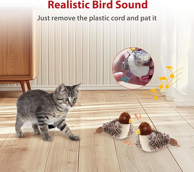 Gigwi Interactive Cat Toys Squeaky 2 Pack, Stimulated Chirping Bird Toys Making Noise, Automatic Chirp Bird Cat Toy with Feather Tail, Melody Chaser Play and Squeak Kitten Toy for Puppy Boredom