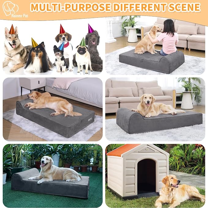 Rainmr Orthopedic Dog Beds for Large Dogs, 7" Memory Foam Dog Beds with Waterproof Liner, Durable Microsuede Cover, Removable and Washable, Nonskid Bottom, 52"x36"x7" XL Grey