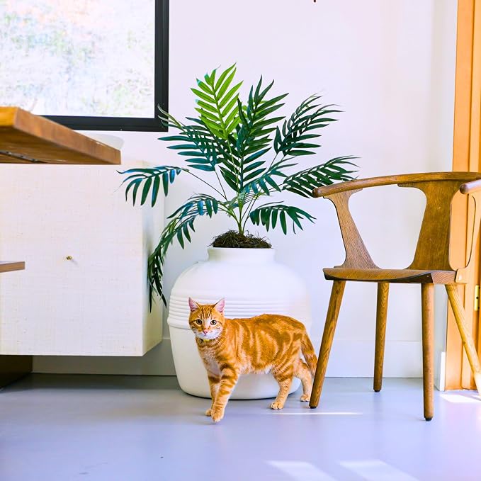 Good Pet Stuff Original Hidden Litter Box Planter, Decorative Cat Litter Enclosure, Carbon Filter, Faux Plant, Round Design, Easy to Clean, Base Kit, Palm Plant, Soft White