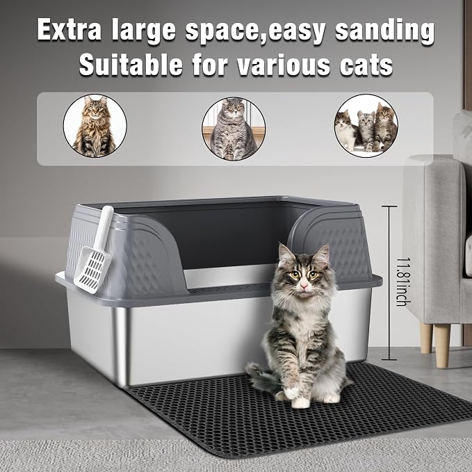 Suhaco XXL Stainless Steel Litter Box with High Sided Deep Side Entry Deep Extra Large Metal Litter Box Included Mat & Scoop Anti-Urine Leakage Cat Litter Boxes for Big Cats (Grey)