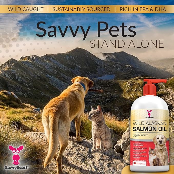 SavvyBeast Wild Alaskan Salmon Oil for Dogs, Cats & Ferrets - Pet Supplement Omega-3 Oil with EPA & DHA - Wild Caught Fish Oil Supports Skin, Coat, Joints, Heart, Brain, Itch Relief & Immune - 32 oz
