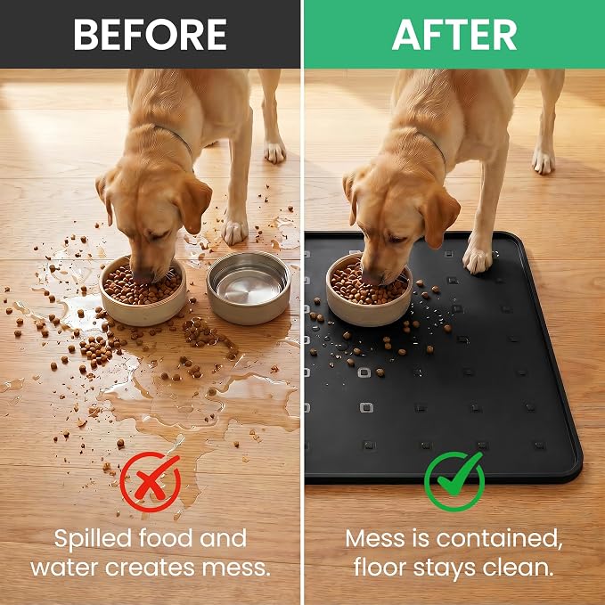 Silicone Pet Feeding Mat, 26x18 Inch Waterproof Dog Bowl Mat – Non-Slip, Machine Washable, Thin 0.28 Inch Edge for Messy Eaters, Protects Hardwood & Tile Floors, Black