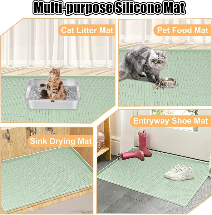 Silicone Cat Litter Mat, 47" x 35" Extra Large Litter Trapping Mat for Litter Box, Leak-Proof, Non-Slip, Kitty Litter Mats with Soft Texture for Floor, Keeping The Floor Clean (Green)